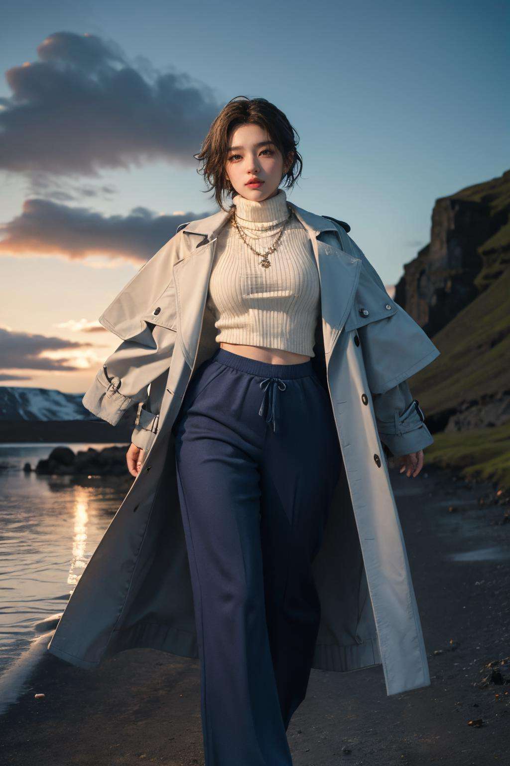 masterpiece,ultra realistic,32k,extremely detailed CG unity 8k wallpaper, best quality,(winter day ),lady ,necklace ,eardrop, The Blue Lagoon, Iceland, ( dark blue Layer a trench coat over a turtleneck sweater with wide-leg pants ) , multicolored hair hair short hair ,