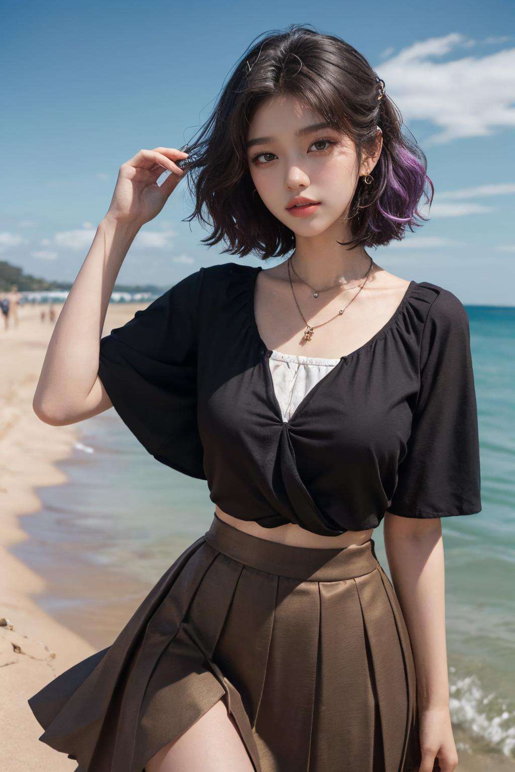 masterpiece,ultra realistic,32k,extremely detailed CG unity 8k wallpaper, best quality,(spring day ),lady ,necklace ,eardrop, Great Ocean Road, Australia, ( Brown Wear a pleated midi skirt with a tucked-in blouse ) , rainbow hair hair short hair ,