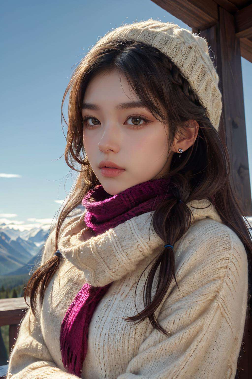 masterpiece,ultra realistic,32k,extremely detailed CG unity 8k wallpaper, best quality,(winter day ),lady ,necklace ,eardrop, Glacier National Park, United States, ( Magenta Styling with a scarf ) , light brown hair hair braid ,