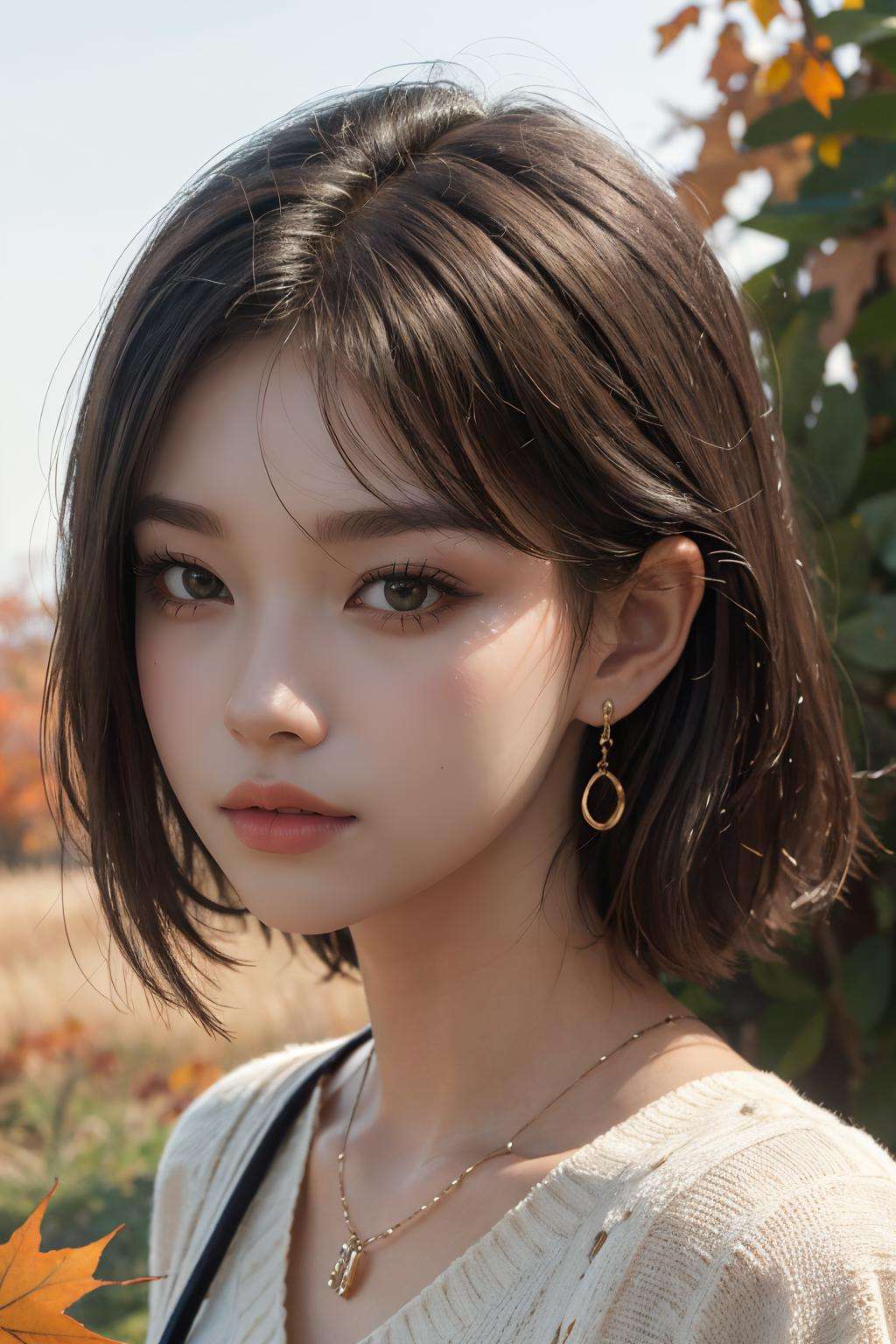 masterpiece,ultra realistic,32k,extremely detailed CG unity 8k wallpaper, best quality,(autumn day ),lady ,necklace ,eardrop, The Serengeti, Tanzania, ( Olive Styling with bold accessories ) , Ash blonde hair Side-swept bangs ,