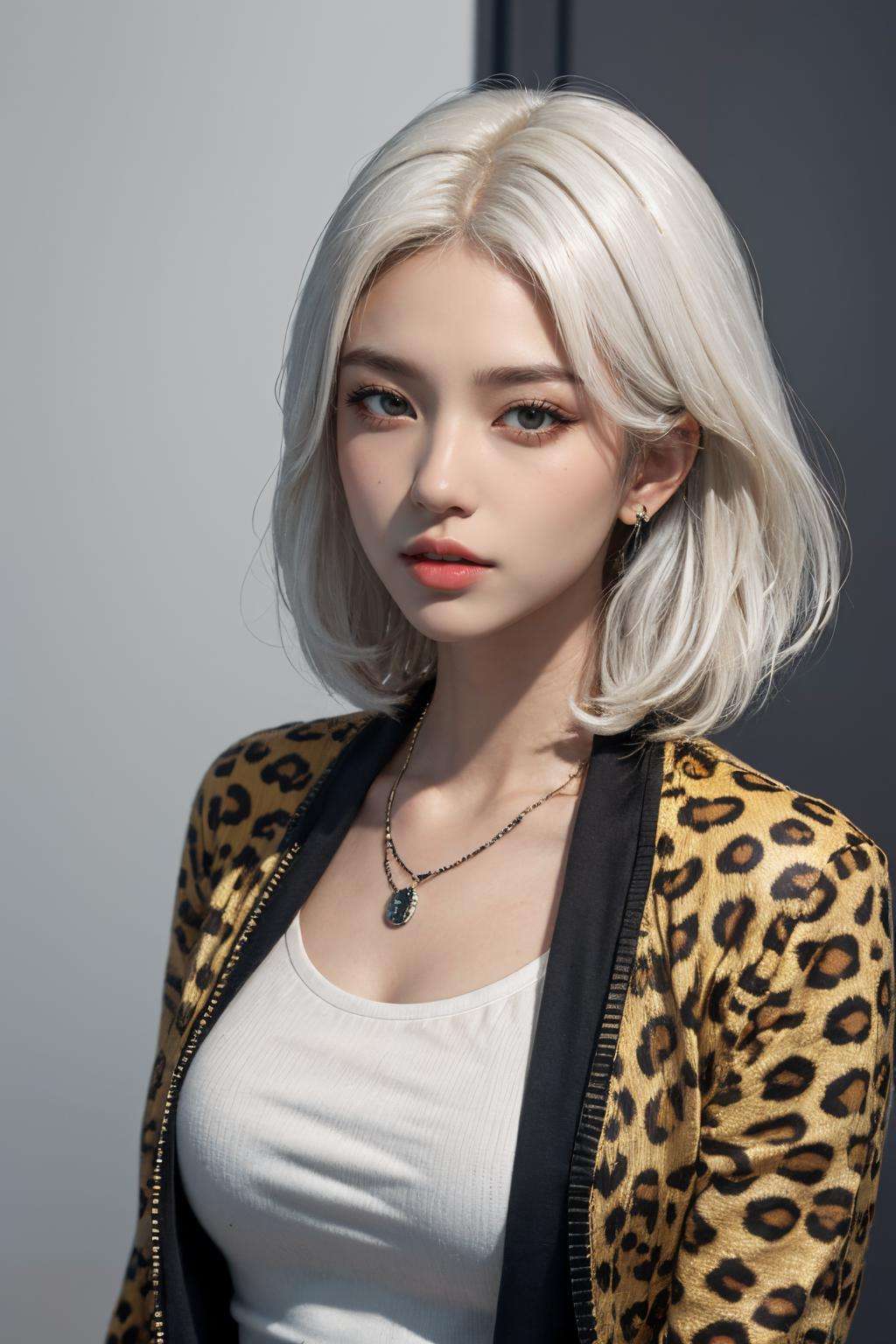 masterpiece,ultra realistic,32k,extremely detailed CG unity 8k wallpaper, best quality,(spring day ),lady ,necklace ,eardrop, The Salar de Uyuni, Bolivia, ( leopard print Monochromatic dressing ) , white hair hair Sleek straight ,