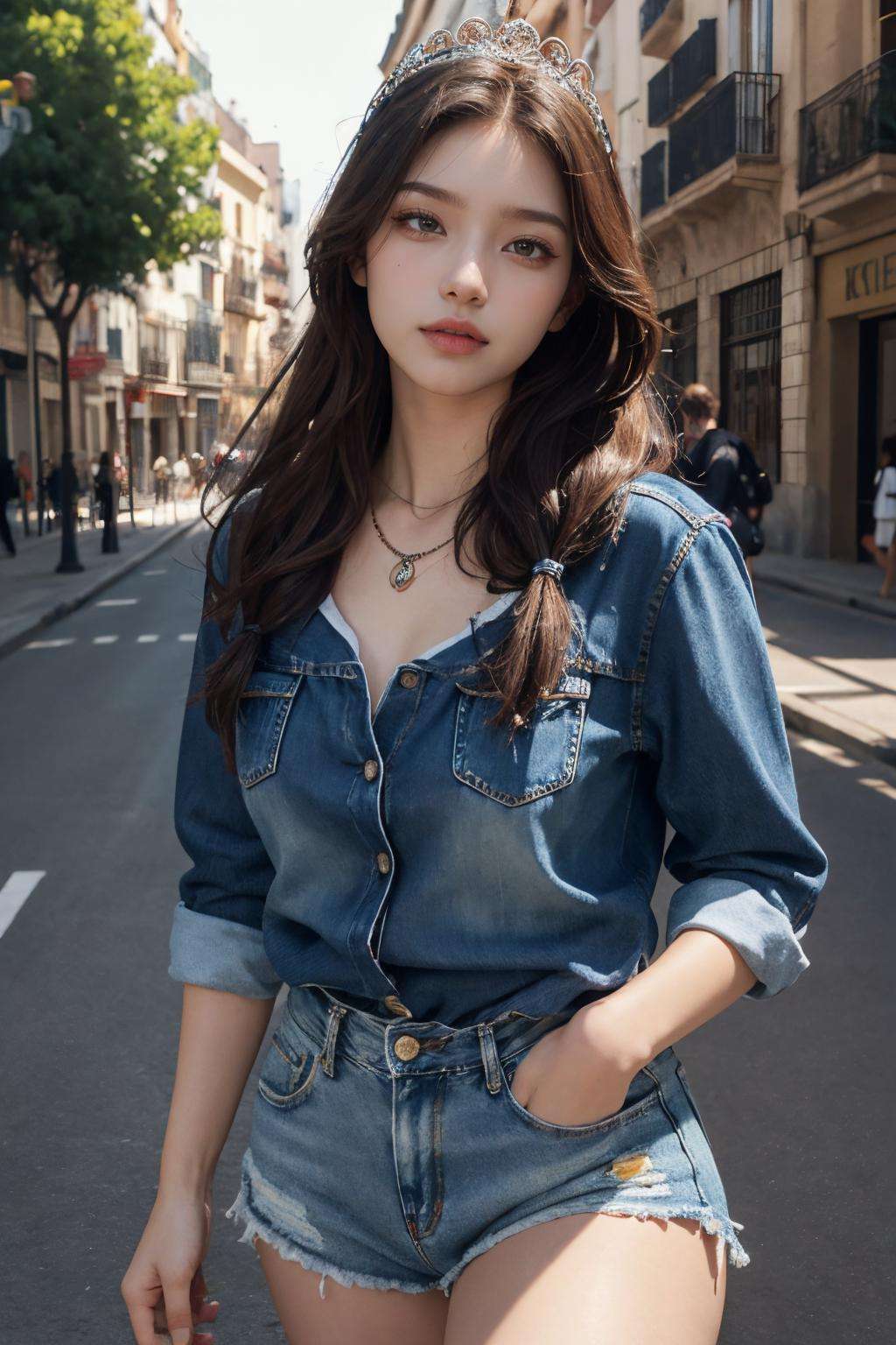 masterpiece,ultra realistic,32k,extremely detailed CG unity 8k wallpaper, best quality,(summer day ),lady ,necklace ,eardrop, Barcelona, Spain, ( Red Pairing denim with unexpected pieces ) , Chocolate brown hair Braided crown ,