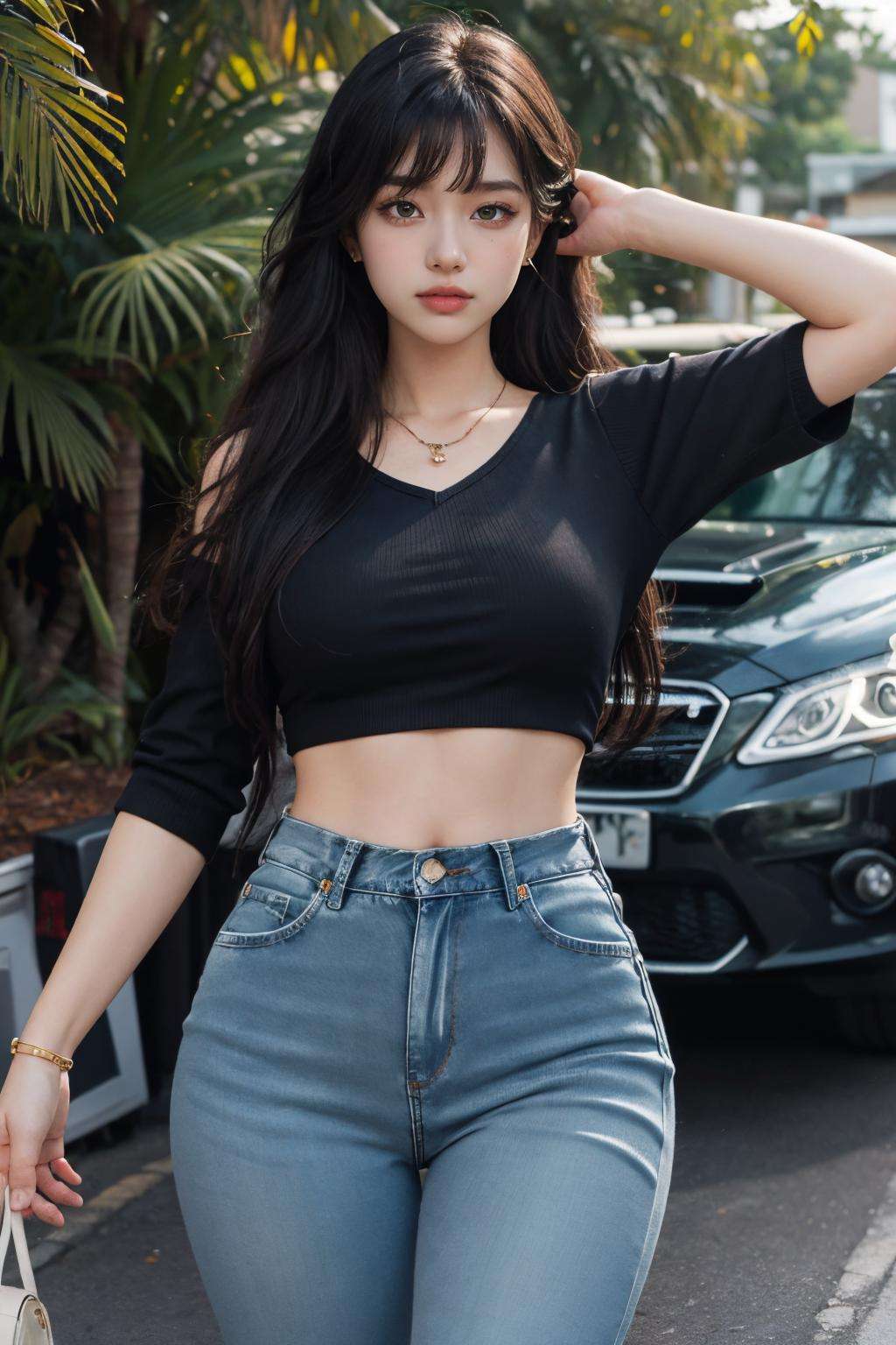 masterpiece,ultra realistic,32k,extremely detailed CG unity 8k wallpaper, best quality,(spring day ),lady ,necklace ,eardrop, The Great Barrier Reef, Australia, ( Lime green Going for a retro look with high-waisted jeans and a crop top ) , Jet black hair long hair with bangs ,