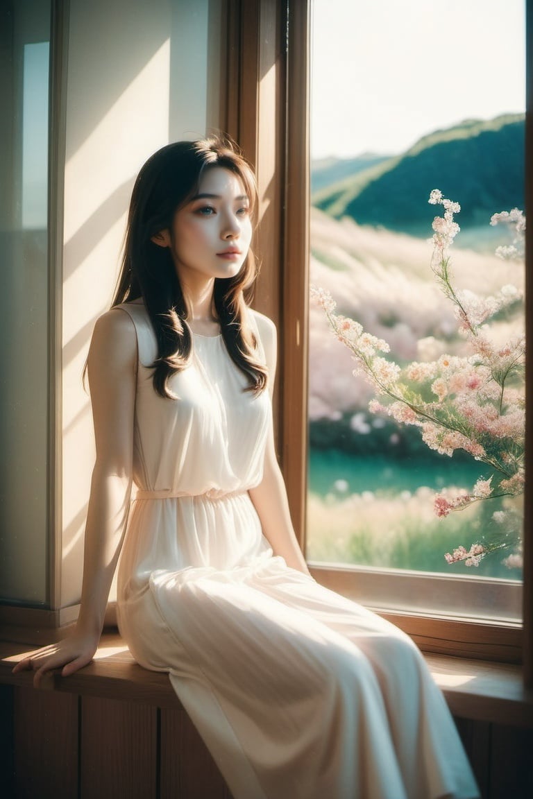 (RAW photo, best quality), (realistic, photo-realistic:1.30), Ultra Detailed, 50mm, official art, unity 8k wallpaper, stunning environment, hyperdetailed, (aestheticism), ethereal, girly, solo, a girl in a thin silk dress (sitting on window), (indoors), looking away, flower field outside the window, (style:1.5), detailed background, soft lighting, gorgeous light and shadow,japan vibes,