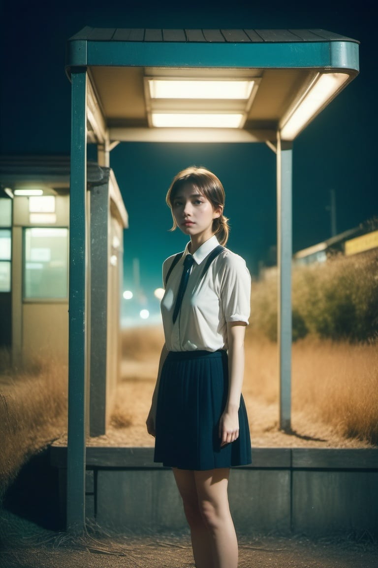 a girl standing alone in front of an old, shabby, unlit transit station in a deserted countryside on a dark night, film grain, depth of field, analog film style, vivid color, 1girl, slender body, full body, beautiful eyes, beautiful symmetrical face, ponytail, bangs, blouse, skirt, fog, (night, dark, dark photo, grainy, dimly lit:1.3), (masterpiece:1.2), best quality, high quality, (realistic), (absurdres:1.2), UHD, ultrarealistic,,japan vibes,