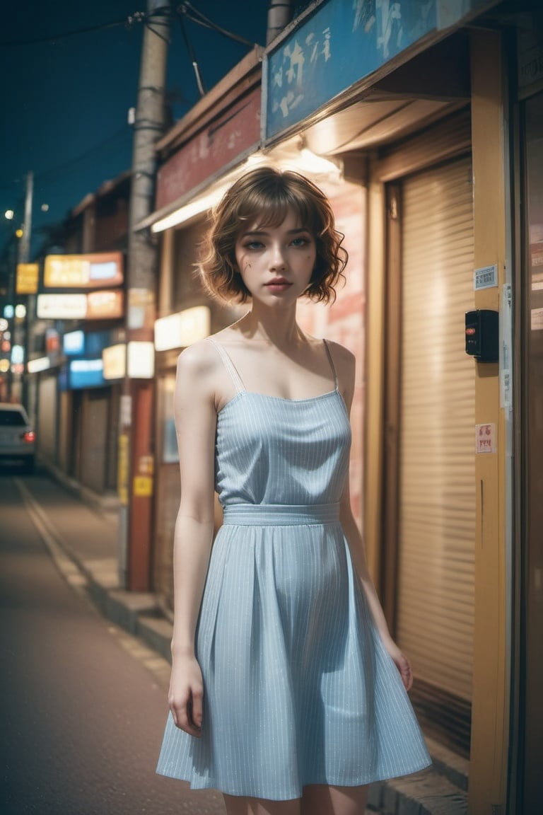 street with artistic murals late at night, (masterpiece), (detailed), (intricate details), (realistic), raw, 8k, 1girl, pale skin, solo, (cowboy shot), blush, (short hair, curly hair, messy hair, bangs), windy, (floating hair), white blue striped dress, pantyhose, high heels, dof, film grain, film emulation, cinematic lighting,japan vibes,