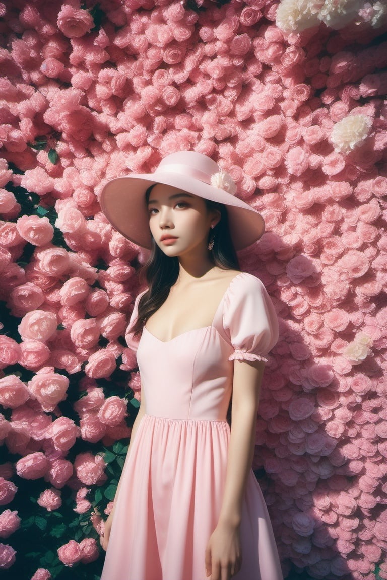 (RAW photo, best quality), (realistic, photo-realistic:1.30),girly,solo,a woman in a pink dress and bonnet standing in front of a (flower covered wall) with pink flowers on it,(style:1.5),detailed background,soft lighting,gorgeous light and shadow ,stunning environment, hyperdetailed, (aestheticism), ethereal,