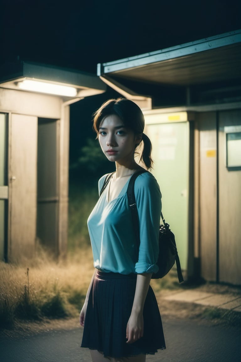 a girl standing alone in front of an old, shabby, unlit transit station in a deserted countryside on a dark night, film grain, depth of field, analog film style, vivid color, 1girl, slender body, full body, beautiful eyes, beautiful symmetrical face, ponytail, bangs, blouse, skirt, fog, (night, dark, dark photo, grainy, dimly lit:1.3), (masterpiece:1.2), best quality, high quality, (realistic), (absurdres:1.2), UHD, ultrarealistic,,japan vibes,