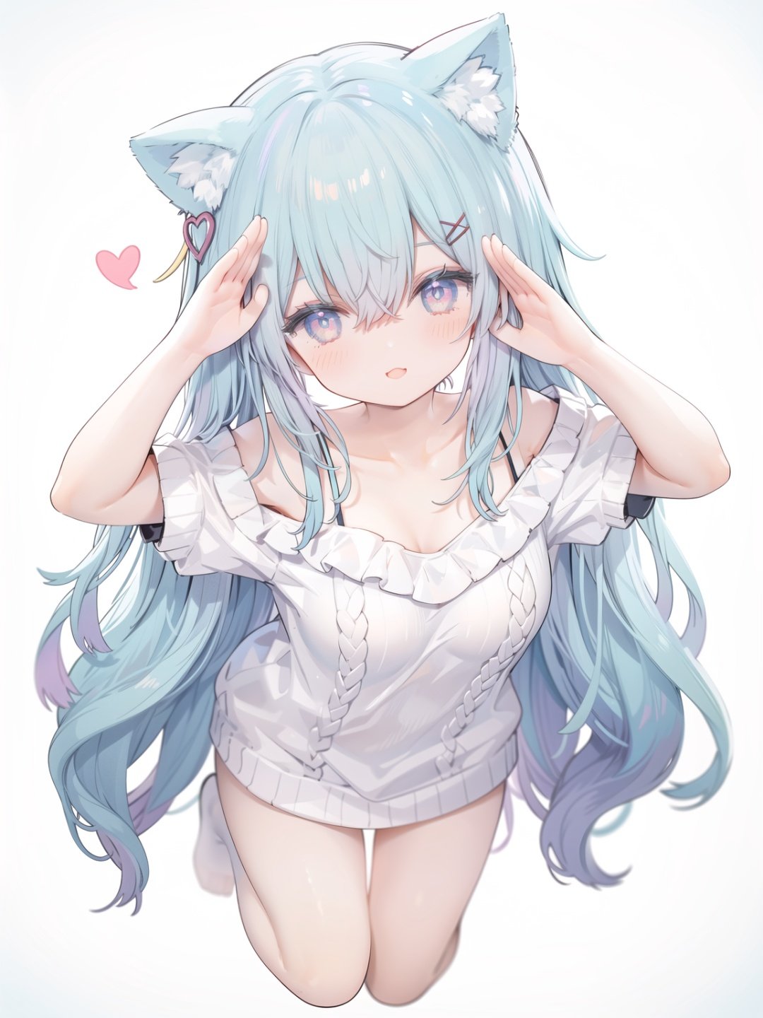 petite, loli, solo, animal ears, heart, puffy short sleeves, blue hair, long hair, off shoulder, bangs, hair ornament, gradient background,rainbow gradient, x hair ornament, animal ear fluff, looking at viewer, very long hair, blush, smile, cat ears, bare shoulders, collarbone, hand up, gradient sweater, hair between eyes, symbol-shaped pupils, arm up, heart-shaped pupils, hairclip, medium breasts, salute, bare legs,full body