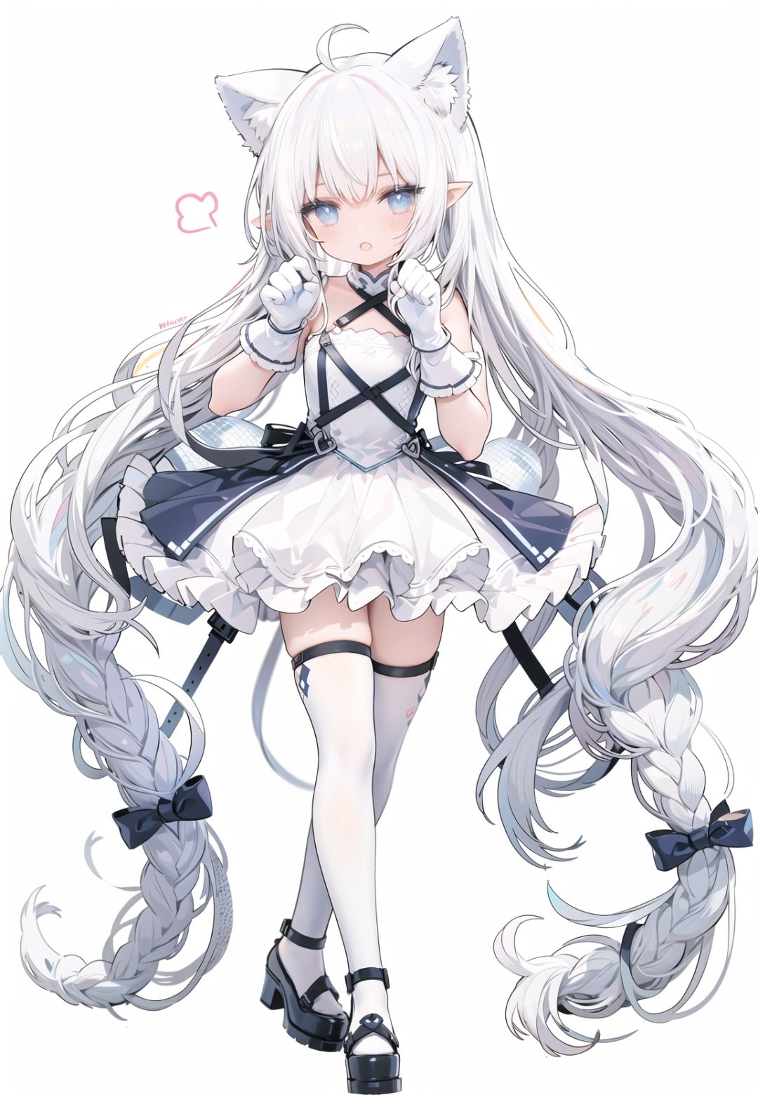 1girl, white_gloves, braid, full_body, gloves, long_hair, official_alternate_costume, pointy_ears, simple_background, solo, standing, very_long_hair, white_background,white hair,blue eyes,paw claw pose, open_mouth,