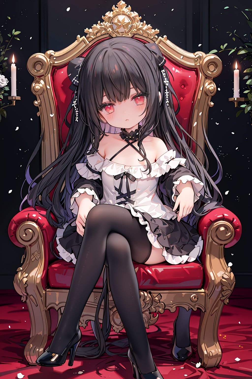 masterpiece, ((best quality)), (ultra-detailed), (illustration), an extremely delicate and beautiful girl, dynamic angle, chromatic aberration, ((colorful)),//,1girls,loli,(petite child:1.1),//,(in Gothic castle),girl with black hair,red eyes,Vertical pupil,long hair,hair arrangement,(Detailed face description),(batwing),(Gothic Lolita),(bat tail),alccandlestick,Cathedral glass,,short skirt,black pantyhose,red lace,high heels,rose tattoo,throne,sitting,crossed legs,//,