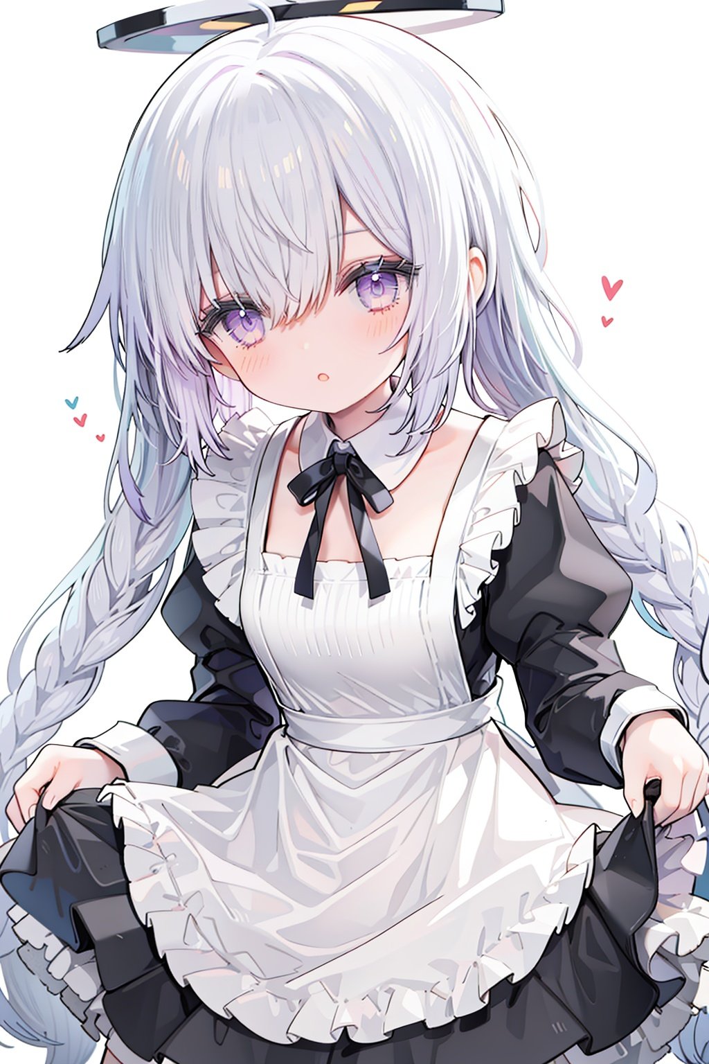 1girl, solo, apron, long hair, hair over one eye, white background, frills, braid, halo, long sleeves, dress, simple background, white hair, white apron, puffy sleeves, very long hair, frilled apron, maid, purple eyes, ribbon, parted lips, maid apron, bangs, juliet sleeves, black dress, neck ribbon, looking at viewer, single braid, blush