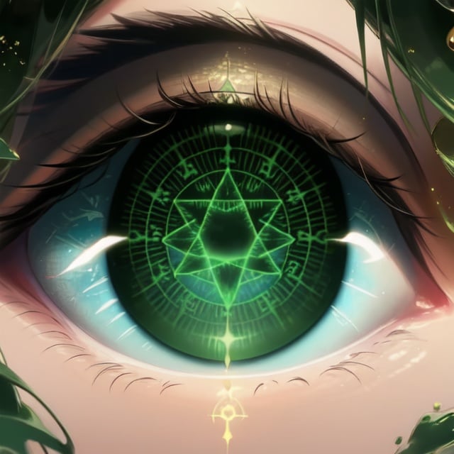 loli, close_view, sight_in_the_eyes, close_face, green_eyes, saki, magic_circles, green_hair, wizards, sight looking, magic_circle_inside_the_eye, perfect_eyes