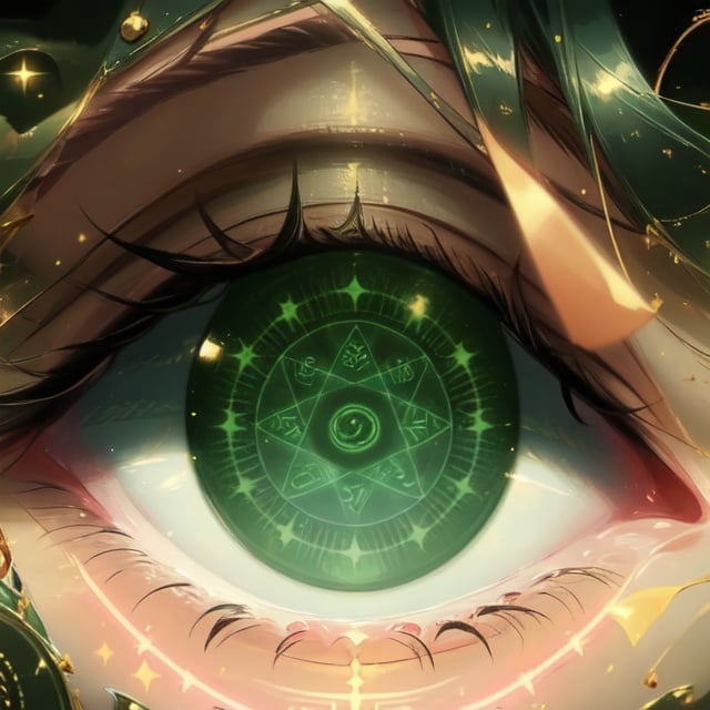 loli, close_view, sight_in_the_eyes, close_face, green_eyes, saki, magic_circles, green_hair, wizards, sight looking, magic_circle_inside_the_eye, perfect_eyes