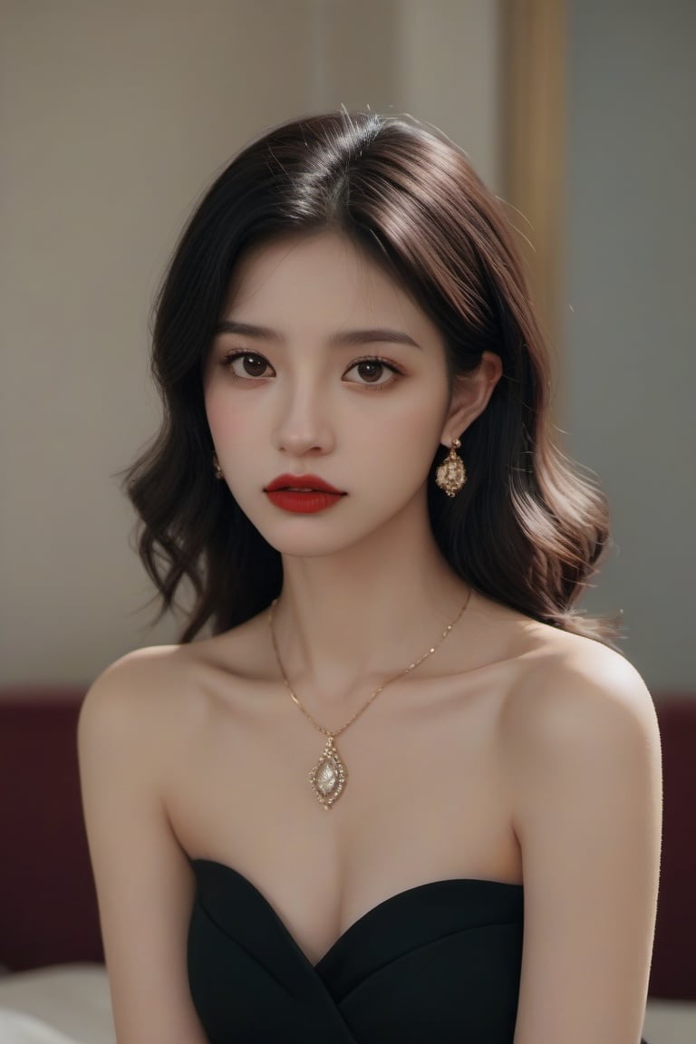 aesthetic portrait, jewelry, solo, bare shoulders, earrings, red lips, blurry, brown eyes, black hair, black eyes, lips, realistic, 1girl, dress, looking at viewer