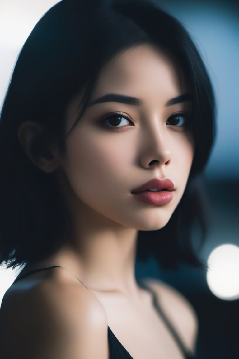 aesthetic portrait, solo, parted lips, head tilt, blurry, black hair, blurry background, black eyes, lips, realistic, 1girl, upper body, looking at viewer