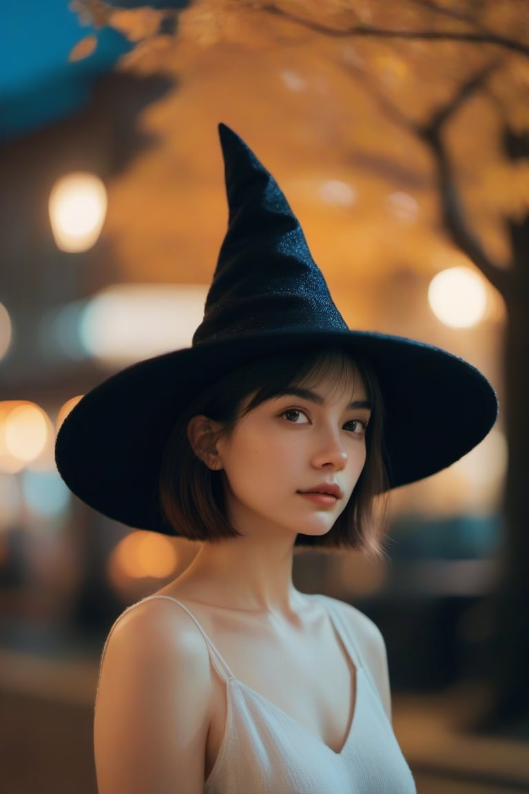 <lora:aesthetic_portrait-xl:1> aesthetic portrait, 1girl,solo, short hair, bokeh, depth of field, cinematic, nighttime , witch hat,