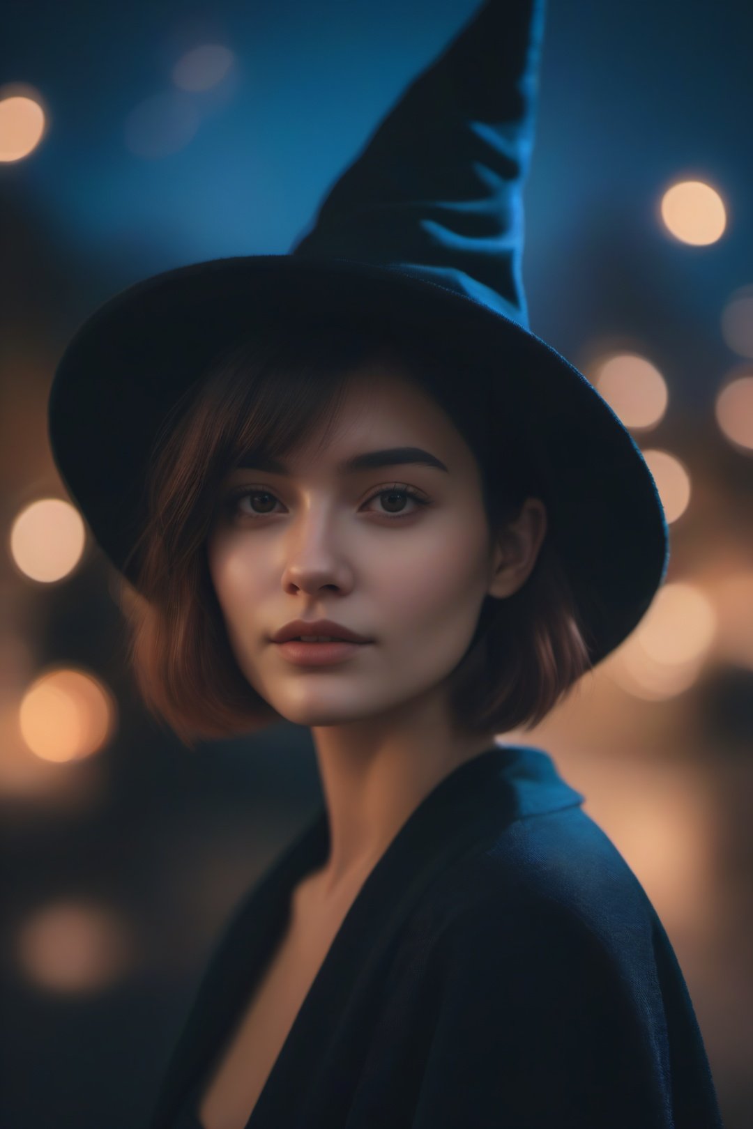  aesthetic portrait, 1girl,solo, short hair, bokeh, depth of field, cinematic, nighttime , witch hat,