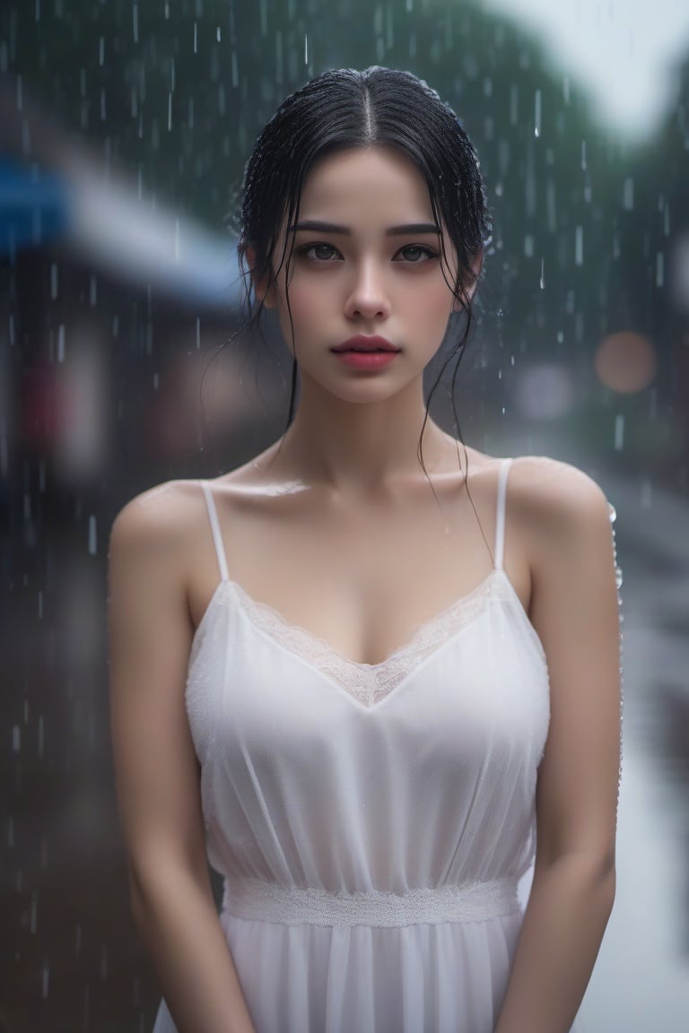 aesthetic portrait, solo, parted lips, head tilt, depth_of_field, black hair, blurry background, black eyes, lips, realistic, 1girl, upper body, looking at viewer, rain, outdoors, white dress, wet dress, see-through