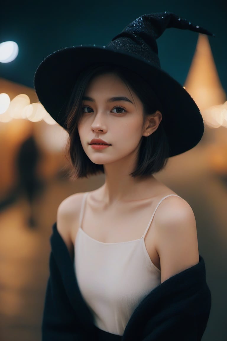 <lora:aesthetic_portrait-xl:1> aesthetic portrait, 1girl,solo, short hair, bokeh, depth of field, cinematic, nighttime , witch hat,