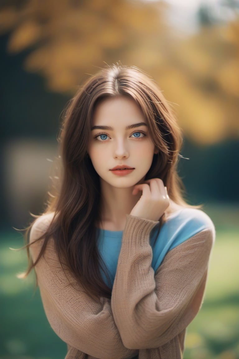 aesthetic portrait, sleeves past wrists, blurry background, blue eyes, bokeh, depth of field, long sleeves, 1girl, brown hair, solo