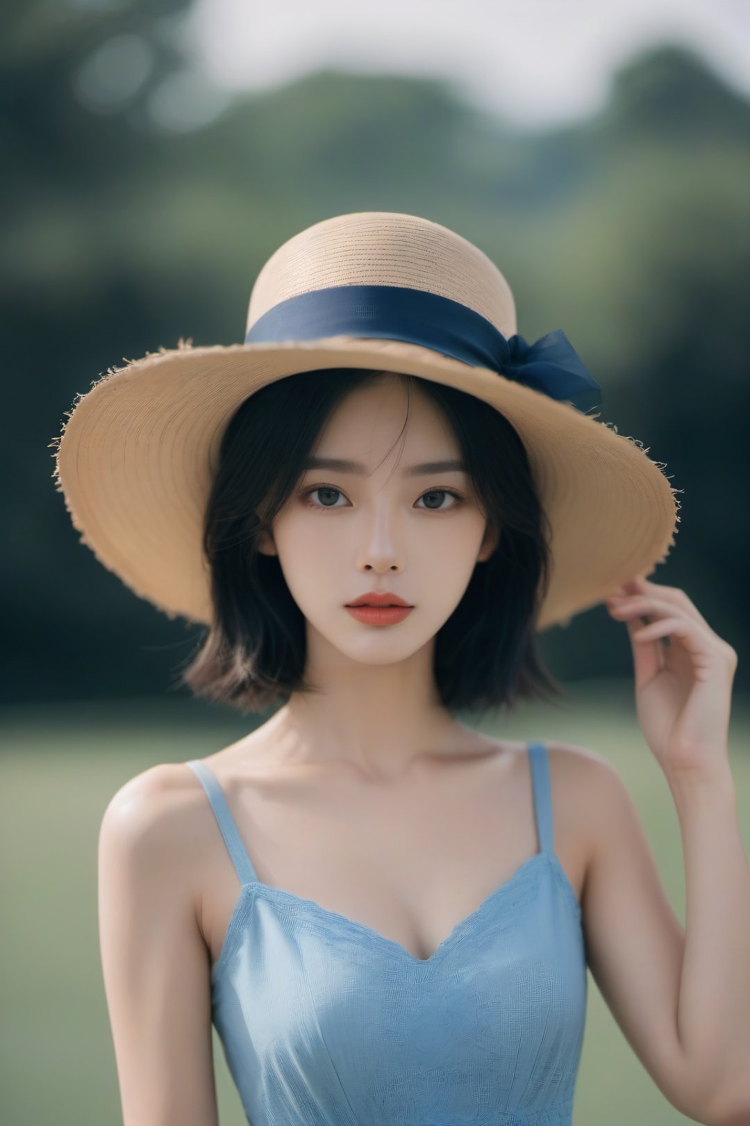 aesthetic portrait, hat, solo, black hair, blurry background, black eyes, lips, blue dress, depth_of_field, straw hat, 1girl, upper body, dress, looking at viewer