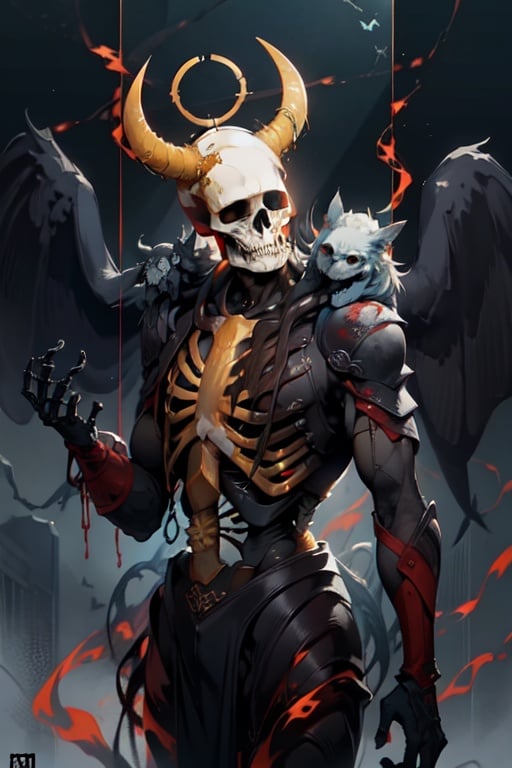 deformed_skeleton, 4_arms, rotten_skin, horns, multiple_eyes, decayed_armor, absurd_design