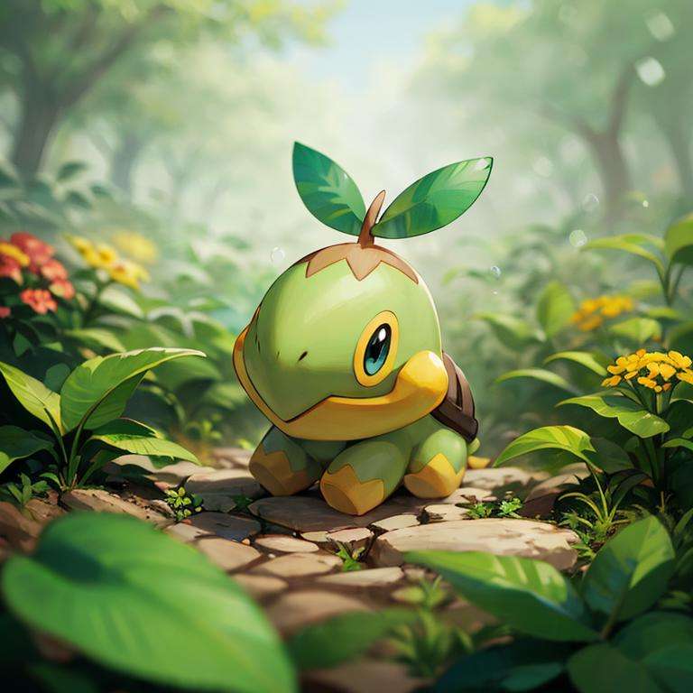 centered, award winning photo, (looking at viewer:1.2), |  Turtwig_Pokemon, |garden, flowers,  | bokeh, depth of field, cinematic composition, | <lora:Turtwig_Pokemon_Anime:0.8>