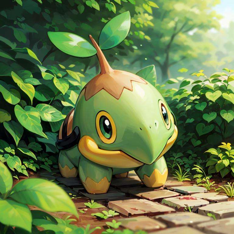 centered, award winning photo, (looking at viewer:1.2), |  Turtwig_Pokemon, |garden, flowers,  | bokeh, depth of field, cinematic composition, | <lora:Turtwig_Pokemon_Anime:0.8>