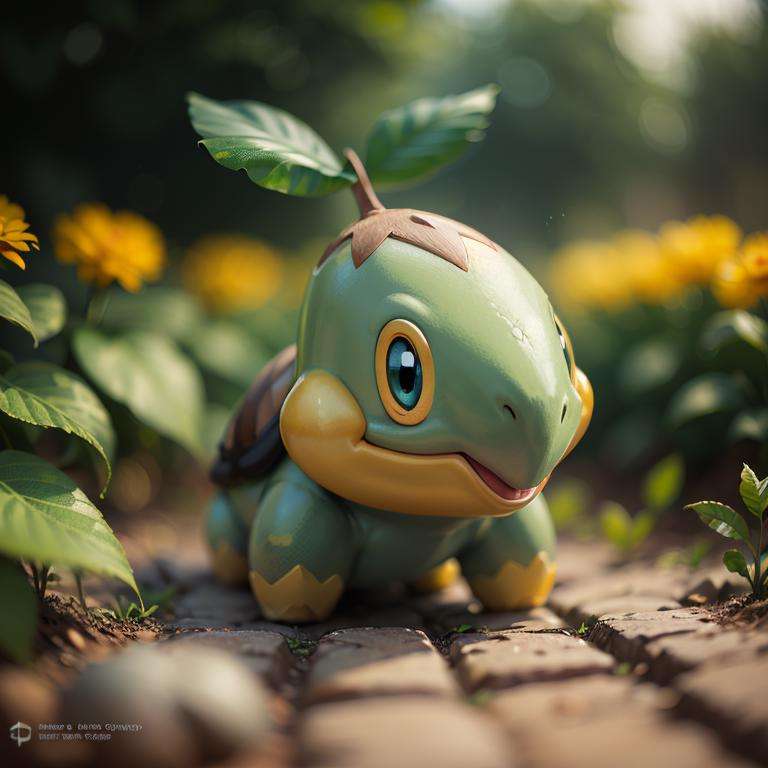 centered, award winning photo, (looking at viewer:1.2), |  Turtwig_Pokemon, |garden, flowers,  | bokeh, depth of field, cinematic composition, | <lora:Turtwig_Pokemon_Anime:0.8>