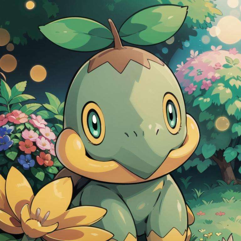 centered, award winning photo, (looking at viewer:1.2), |  Turtwig_Pokemon, |garden, flowers,  | bokeh, depth of field, cinematic composition, | <lora:Turtwig_Pokemon_Anime:0.8>
