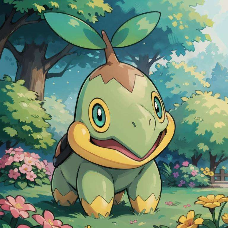 centered, award winning photo, (looking at viewer:1.2), |  Turtwig_Pokemon, |garden, flowers,  | bokeh, depth of field, cinematic composition, | <lora:Turtwig_Pokemon_Anime:0.8>