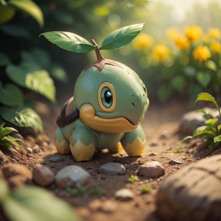 centered, award winning photo, (looking at viewer:1.2), |  Turtwig_Pokemon, |garden, flowers,  | bokeh, depth of field, cinematic composition, | <lora:Turtwig_Pokemon_Anime:0.8>