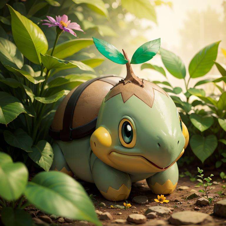 centered, award winning photo, (looking at viewer:1.2), |  Turtwig_Pokemon, |garden, flowers,  | bokeh, depth of field, cinematic composition, | <lora:Turtwig_Pokemon_Anime:0.8>