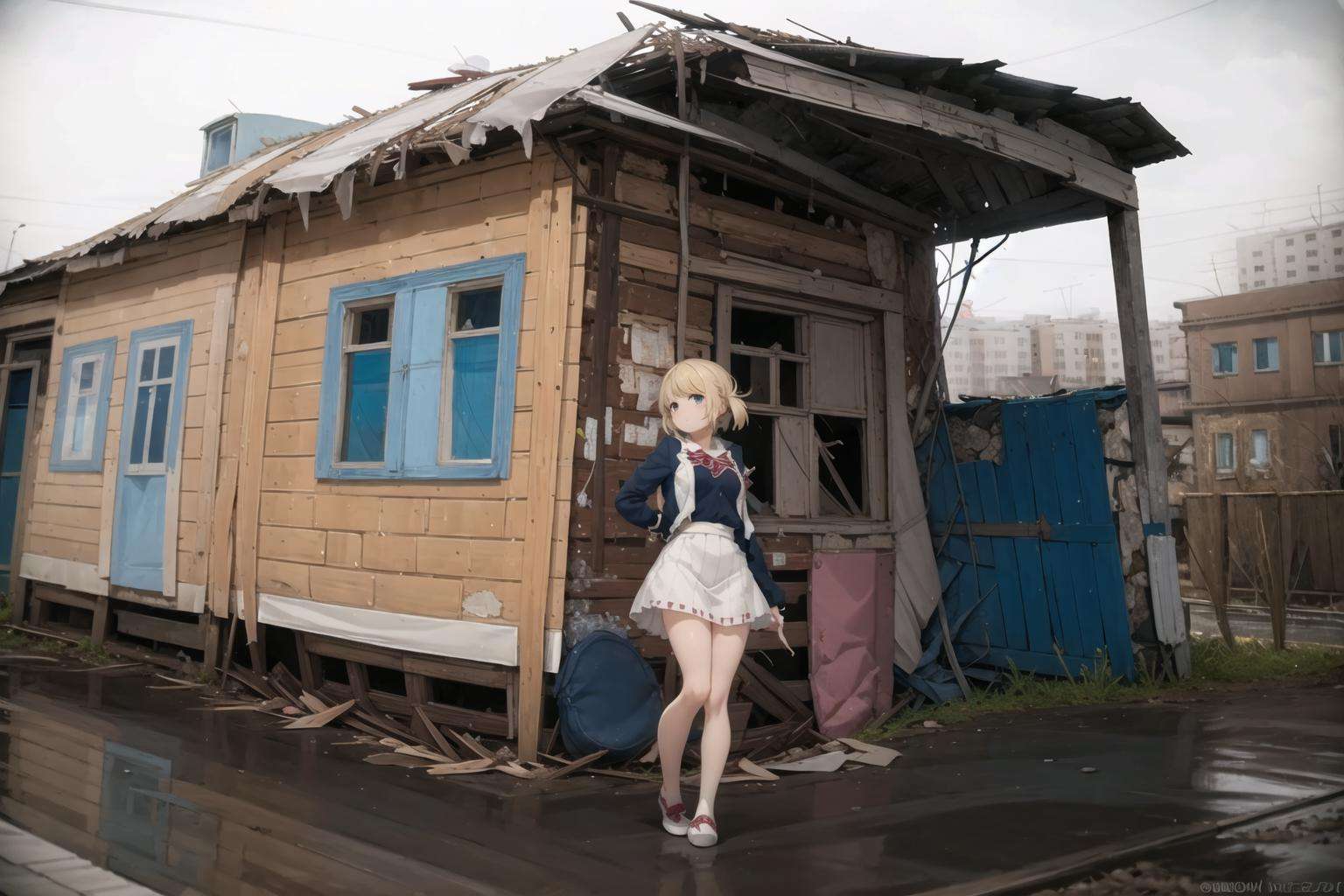 masterpiece, best quality, house, house cover, ruined, (1girl:1), full body, anime irl <lora:Russian House Cover_161628:1> <lora:Anime IRL Russia_633570:1>