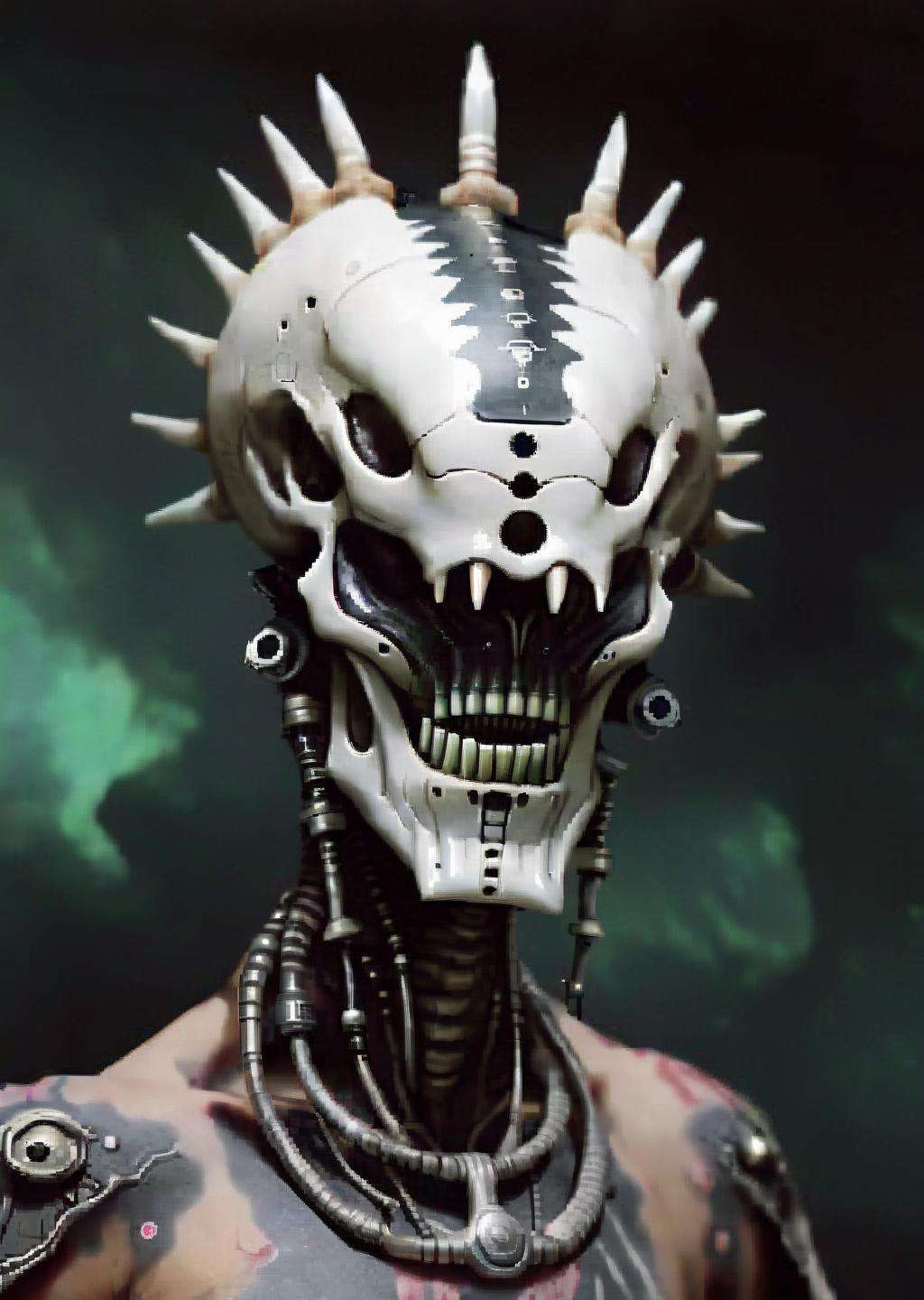 alien god , a person with a face painted with a skull and a mohawk robotic<lora:Alien_God_sdxl:1.0>