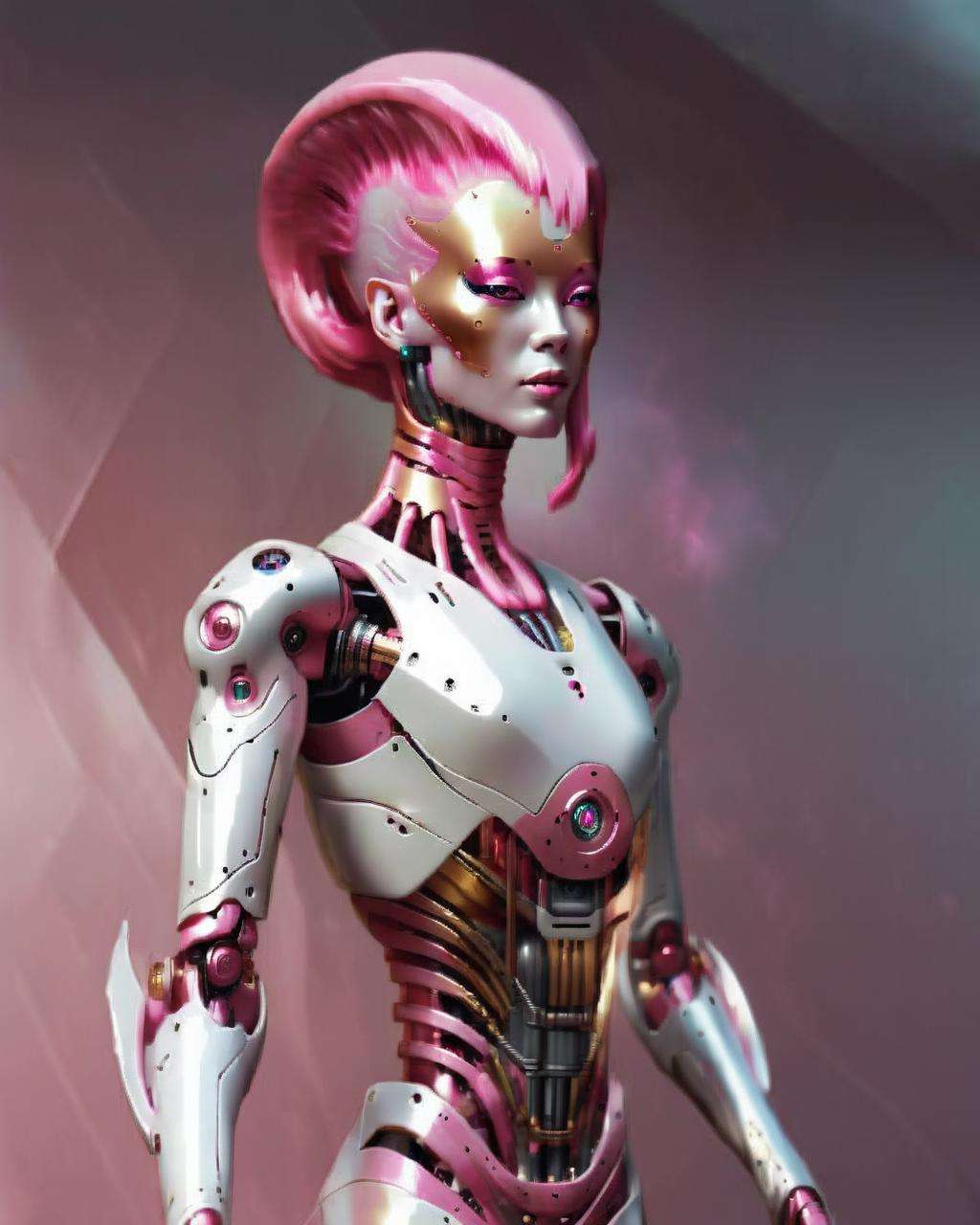 alien god , a woman in a shiny suit with pink hair robotic<lora:alien_god_V2:1.0>