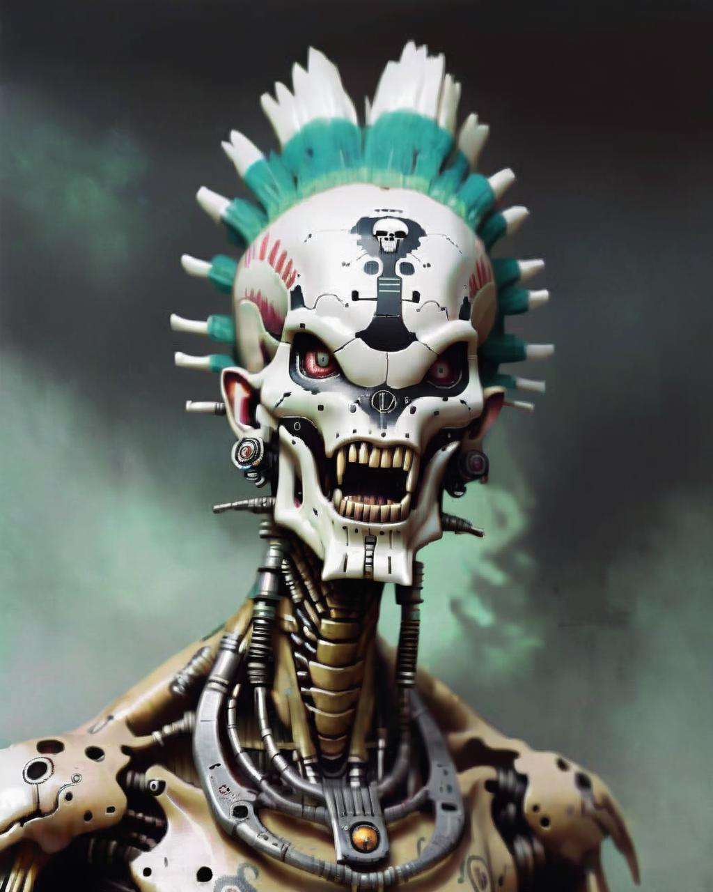 alien god , a person with a face painted with a skull and a mohawk robotic, big open mouth:1.2, aggressive:1.4 , screaming:1.3<lora:alien_god_V2:1.0>