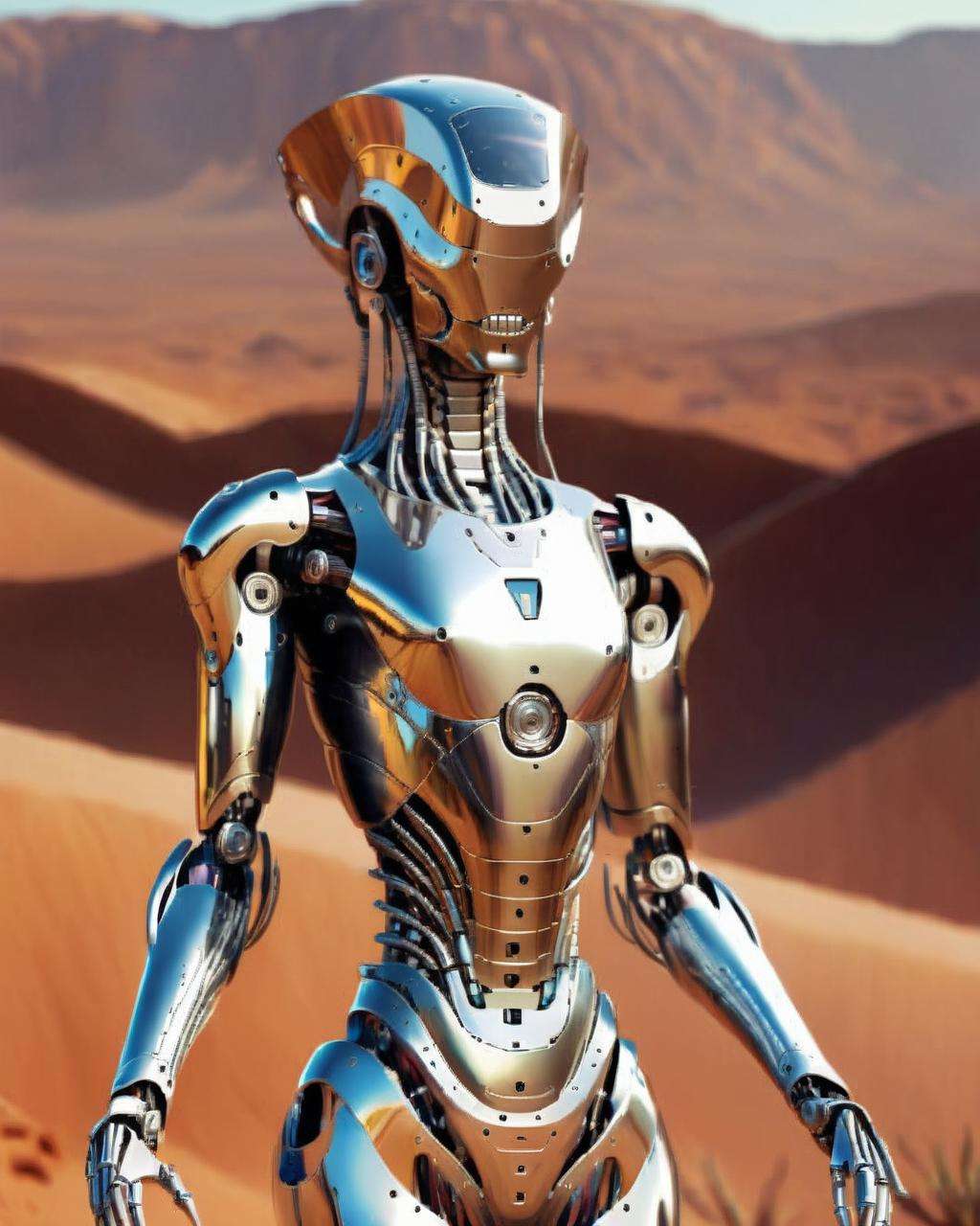 alien god ,a woman in a shiny suit standing in the desert robotic, <lora:alien_god_V2:1.0>