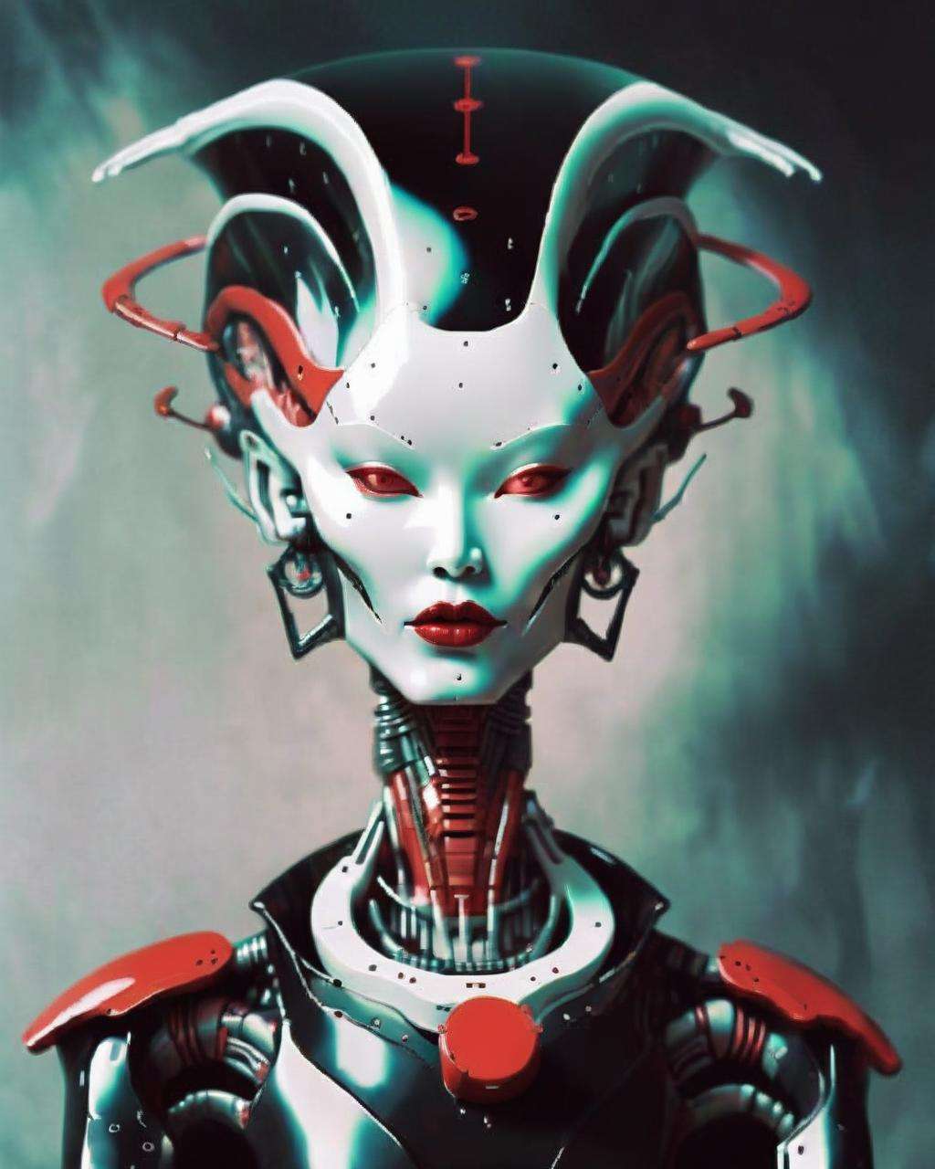 alien god , a woman with a black jacket and red lipstick robotic<lora:alien_god_V2:1.0>