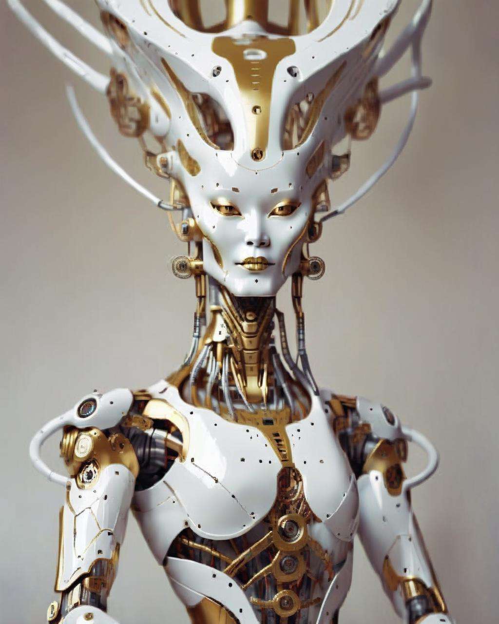 alien god ,a woman in a white and gold costume robotic, <lora:alien_god_V2:1.0>