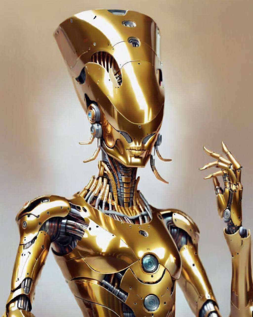 alien god ,a woman in a shiny gold outfit posing for a picture robotic, <lora:alien_god_V2:1.0>