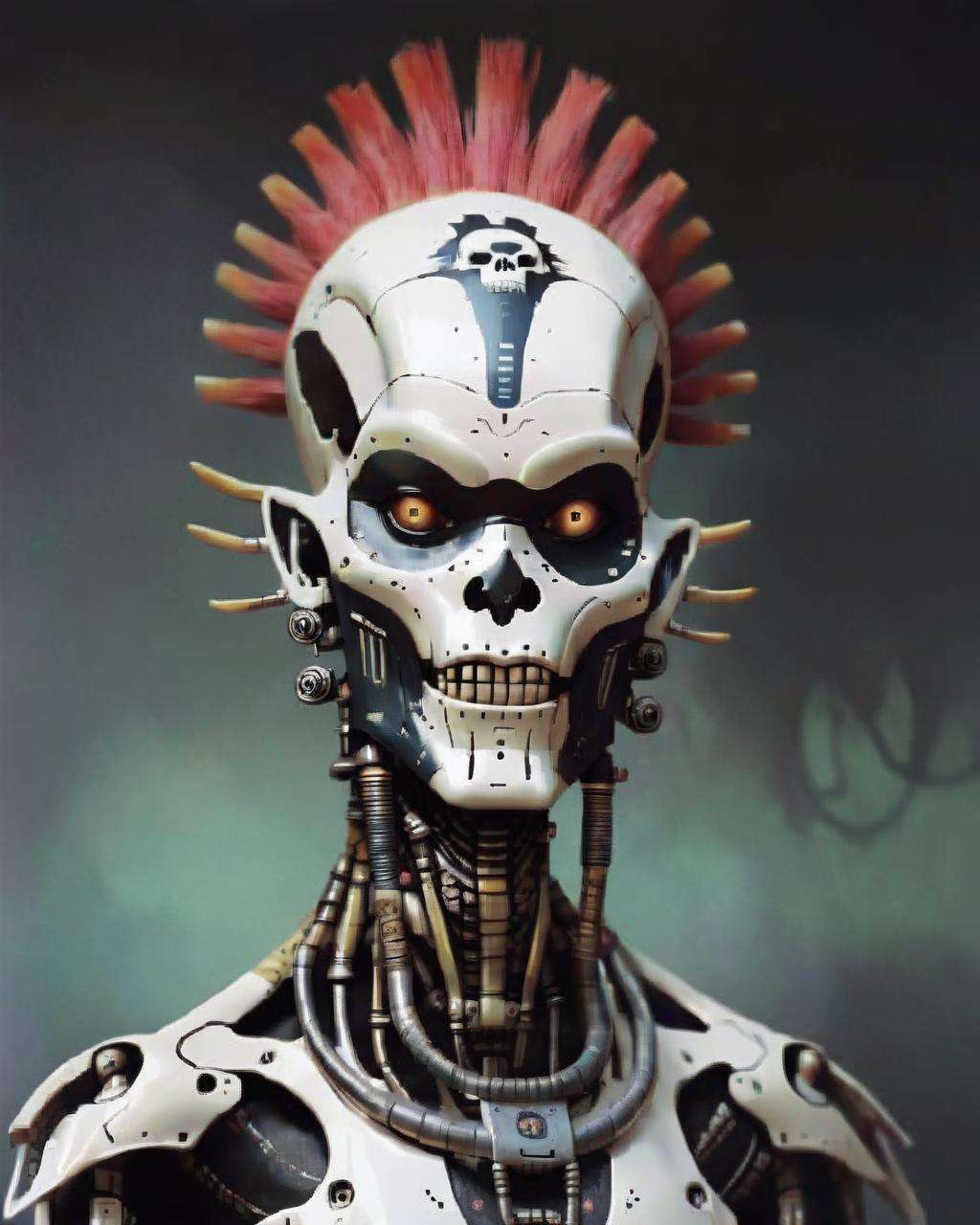 alien god , a person with a face painted with a skull and a mohawk robotic<lora:alien_god_V2:1.0>