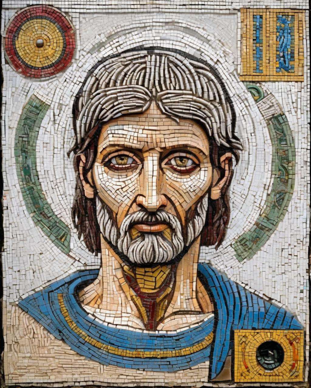 ancient roman mosaic :1.4, Peter de Sève , A mosaic of knowledge:1.0, adorned with symbols and text:0.7, pays homage to learning and wisdom:0.3 through visual storytelling. , cyberpunk:1.3<lora:mosaic:1.0>