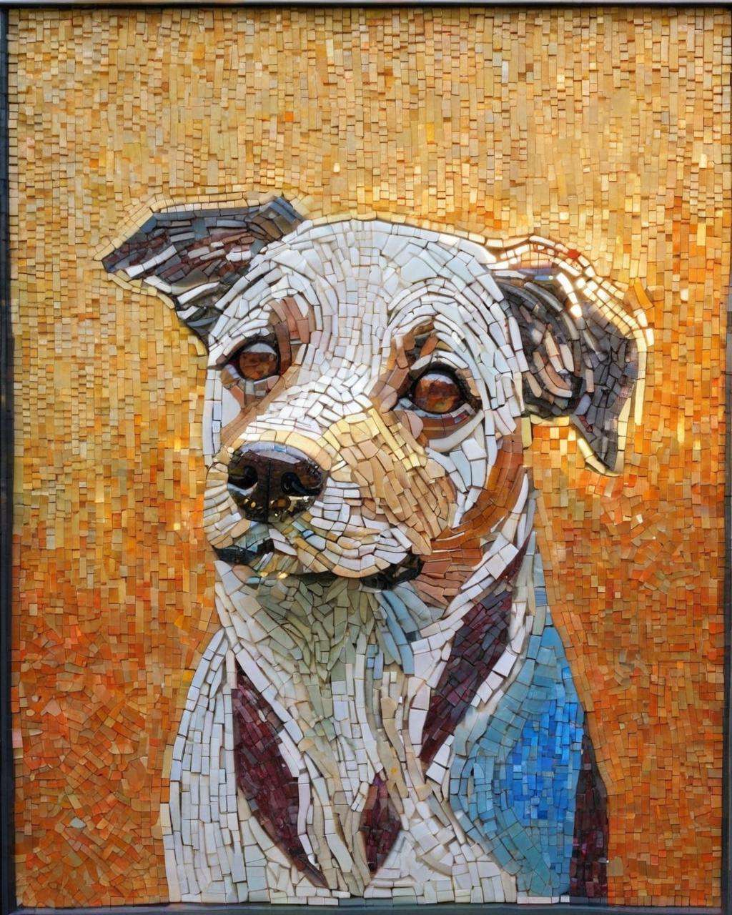 portrait of a dog ,A radiant mosaic:1.2, catching the sunlight:0.8, infuses a space with warmth and vibrancy as shards of glass:0.4 shimmer and dance.<lora:mosaic:1.0>