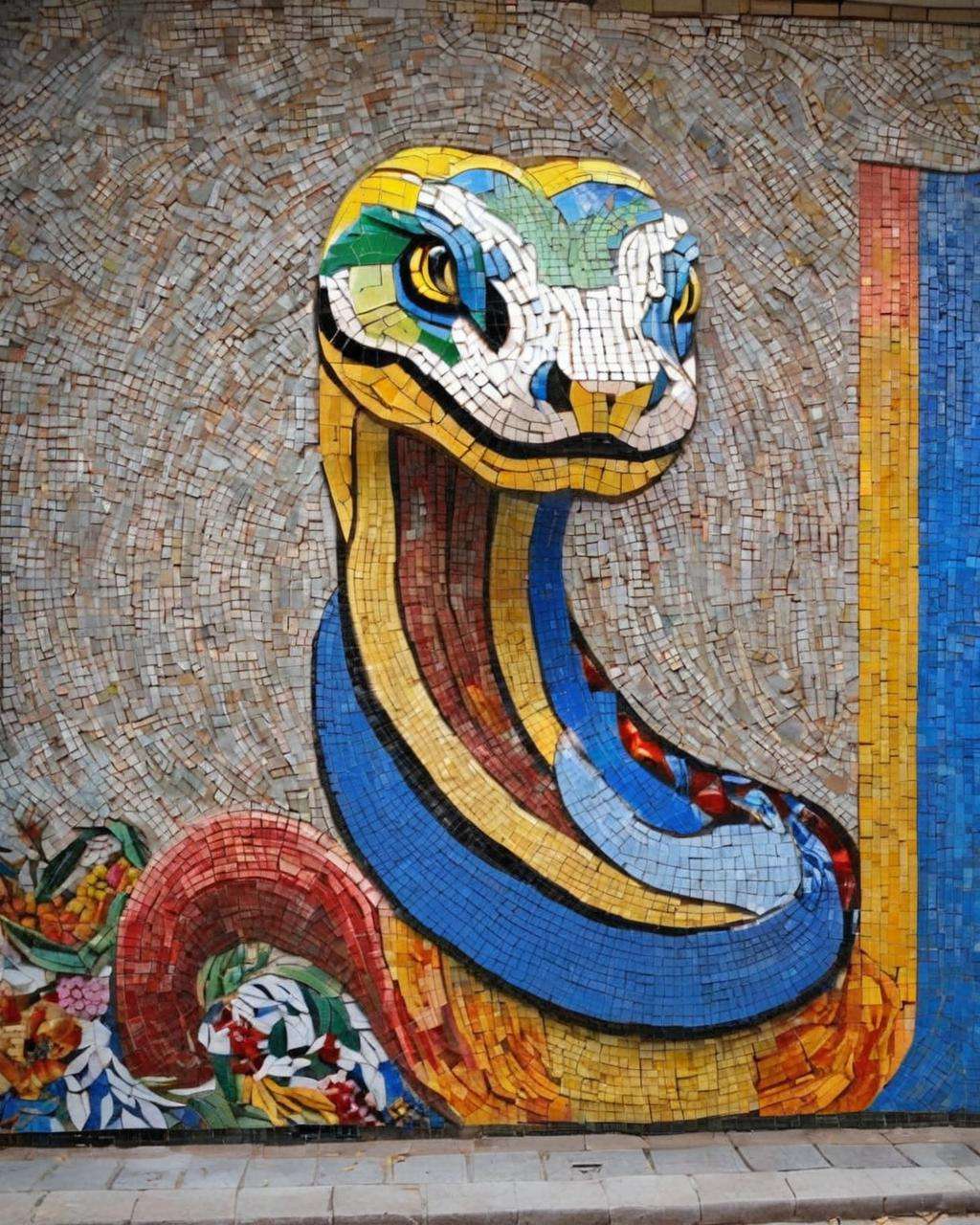 portrait of a Snake ,A mosaic mural:1.0, adorning a public square:0.7, narrates the history:0.3 of the community through vibrant scenes and iconic figures.<lora:mosaic:1.0>