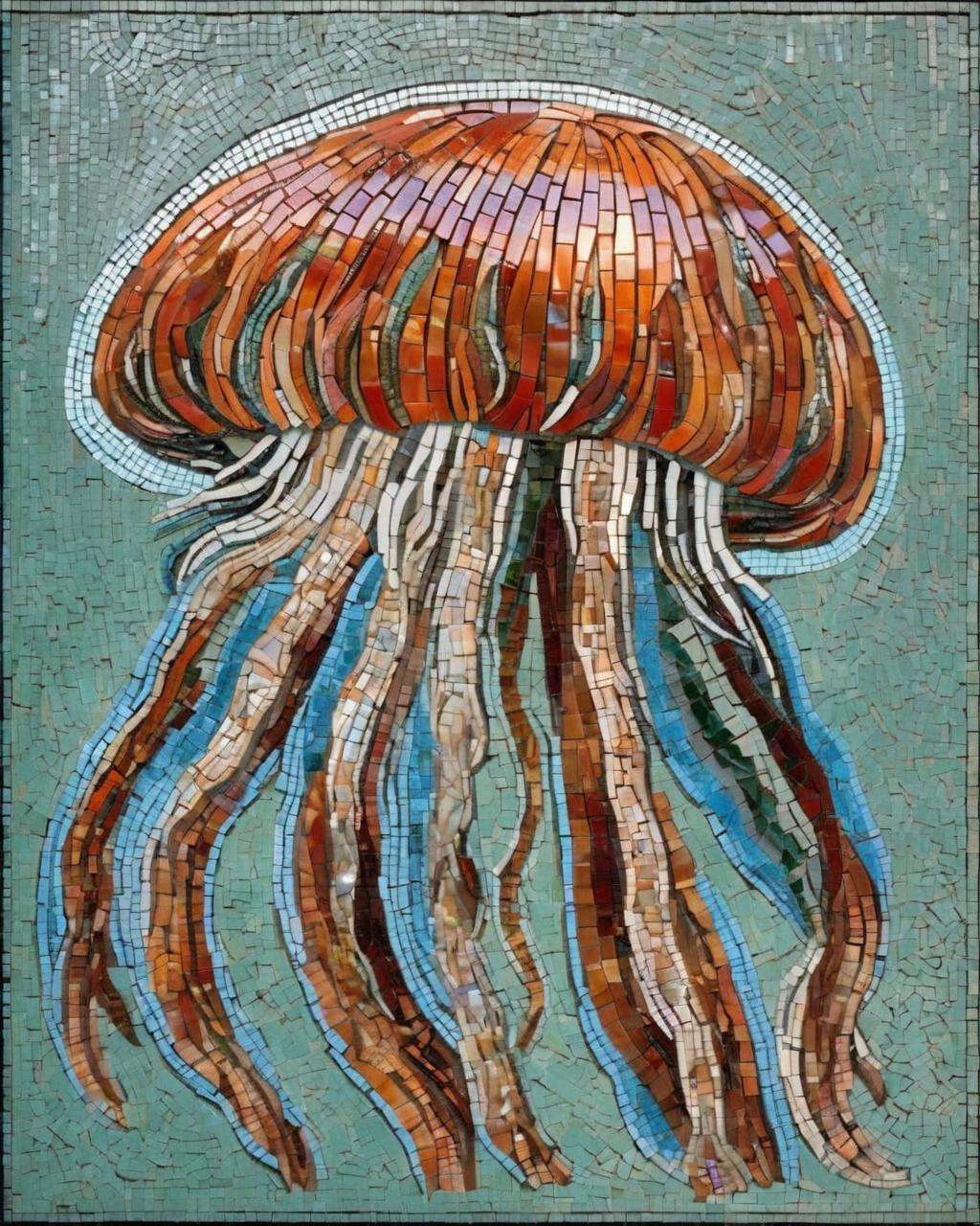 portrait of a Jellyfish ,A naturalistic mosaic:1.0, crafted with meticulous precision, portrays a lush garden:0.6, each petal and leaf:0.4 carefully chosen to mirror the beauty of nature.<lora:mosaic:1.0>