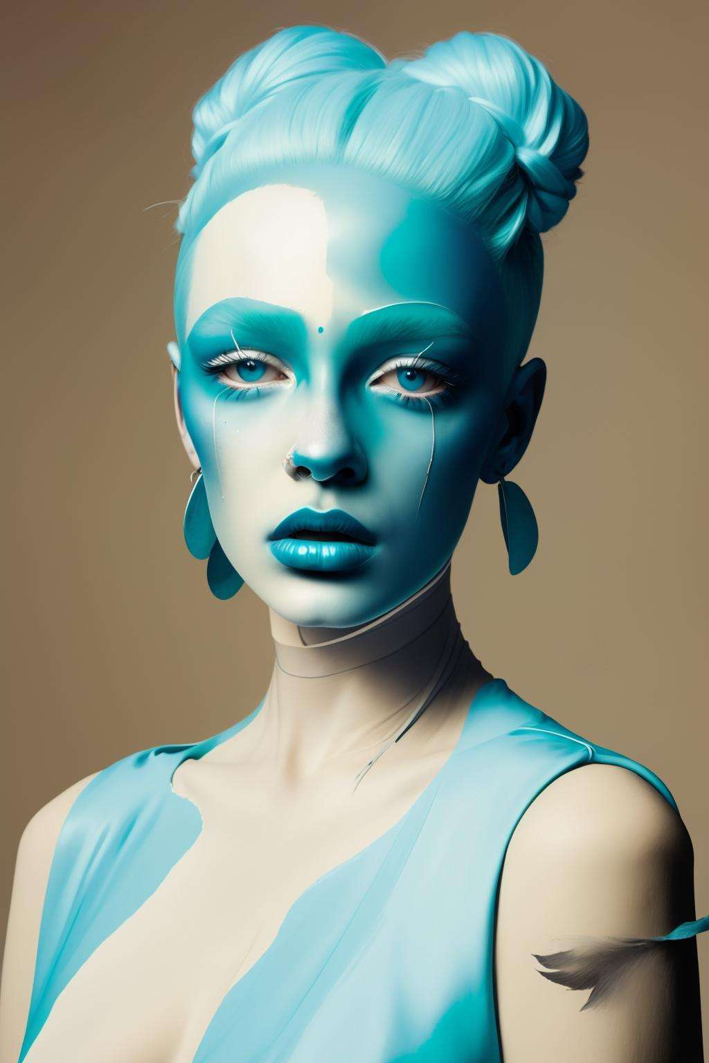 a woman with a powder-blue head , Enki Bilal, fashion photography ,