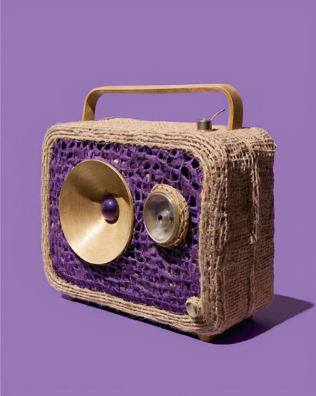 a radio made of Jute:1.3,   on a amethyst background:1.4, Carol Bove, aesthetic, a surrealist sculpture, aestheticism<lora:Chroma_Essence:1.0>