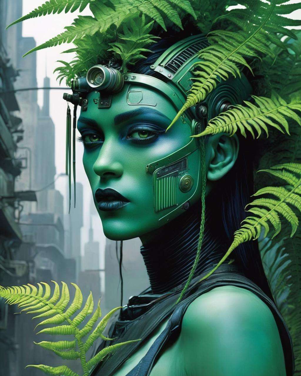 a woman with a fern-green  skin, Enki Bilal, cyberpunk art, space girl<lora:space_girl:1.0>